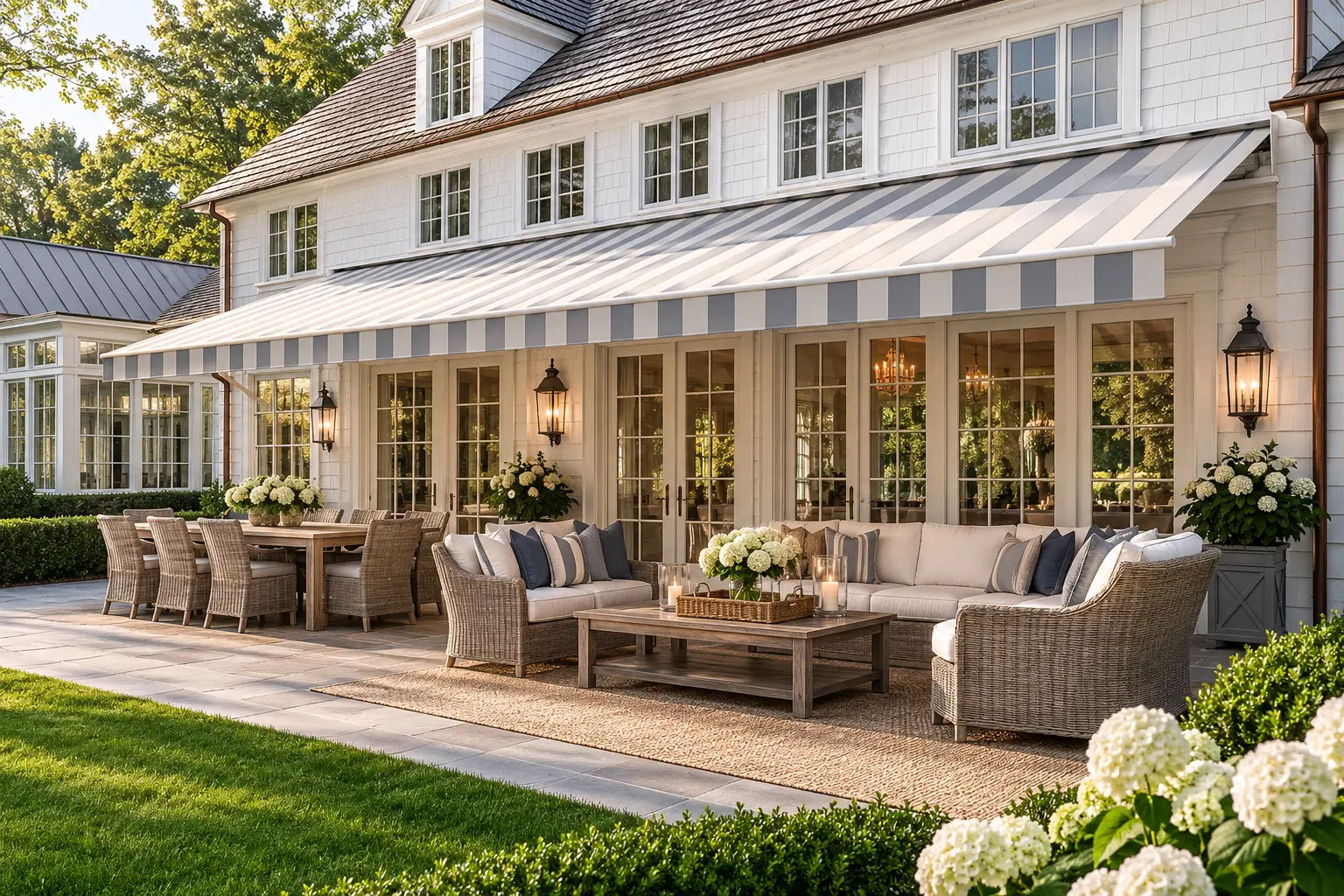 Gray and white striped retractable awning shading a furnished patio at a shingle-style shoreline home
