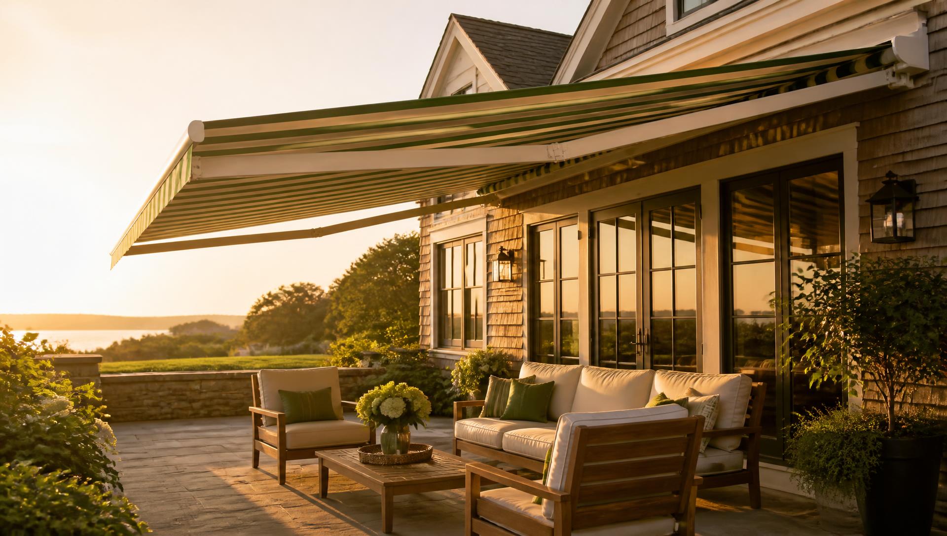 Retractable striped patio awning shading a stone patio at a Fairfield County home