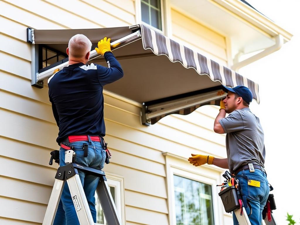 Fairfield Patio & Awning installers mounting a retractable awning to a home exterior